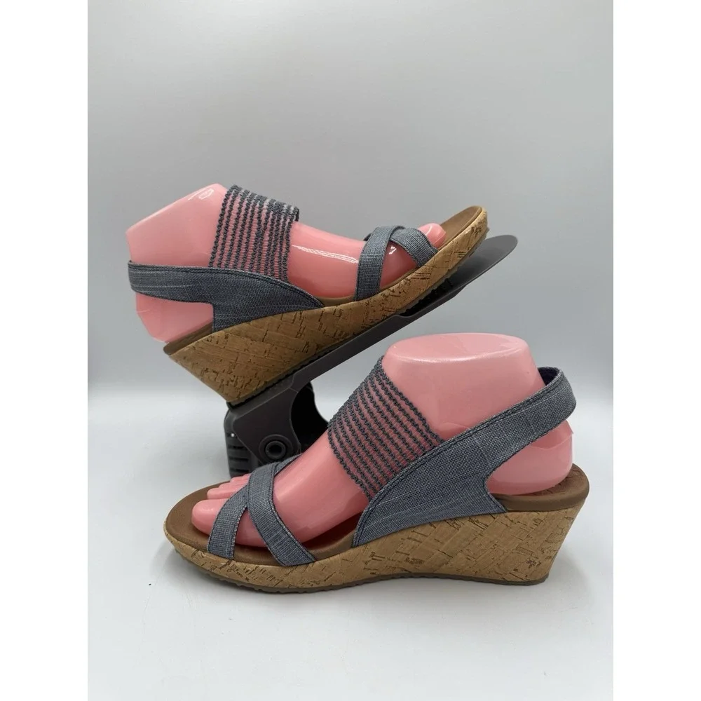 Skechers Luxe Foam Beverlee Blue Shimmer‎ Strappy Open Toe Cork Wedges Sz 7.5